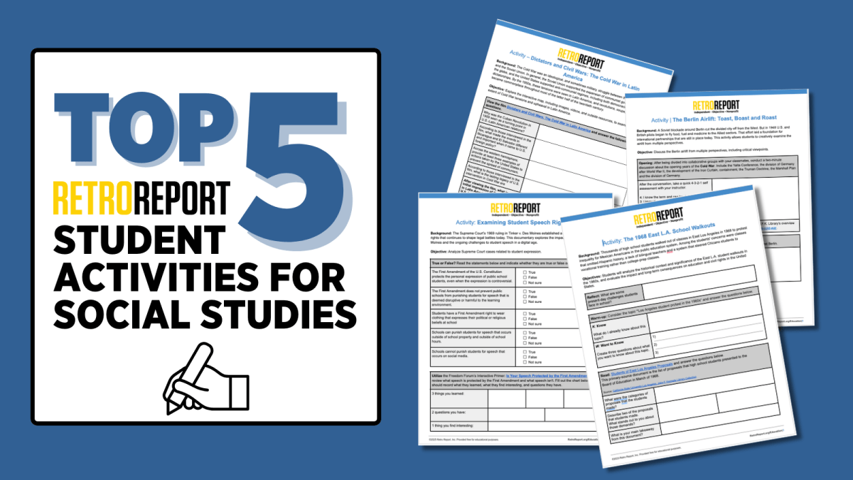 In big bold letters it reads "Top 5 Retro Report Student Activities for Social Studies". To the right of the title, four student activities sit against a blue background. Below the title, there is the image of hand writing with a pencil.